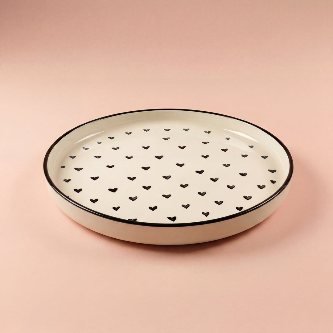 8 inch Classic Plate ( Glossy Off-White with Black Hearts )