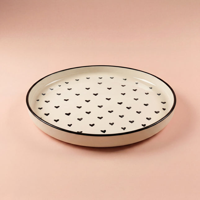 8 inch Classic Plate ( Glossy Off-White with Black Hearts )