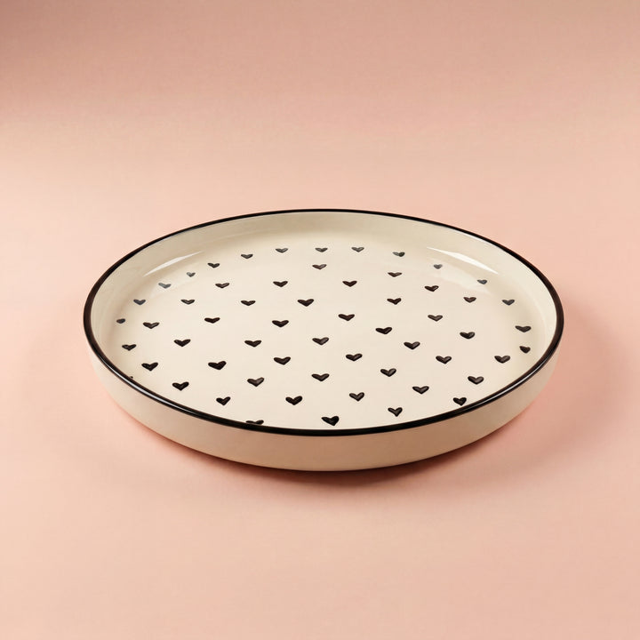8 inch Classic Plate ( Glossy Off-White with Black Hearts )