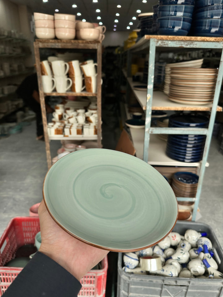 Leftover 8 inch Rimless Plate ( Breeze with brown rim )