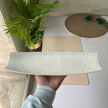 Leftover Curved Serving Platter Small (14"x4.1" White Matte with Black Specks )