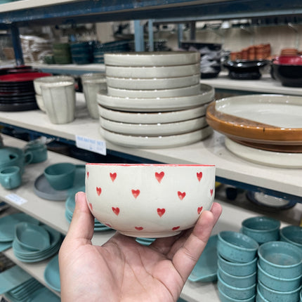 Leftover 5 inch Single Serving Bowl ( Glossy Off-White with Red Hearts )