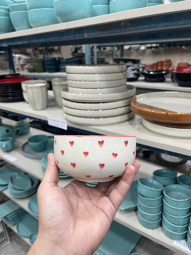 Leftover 5 inch Single Serving Bowl ( Glossy Off-White with Red Hearts )
