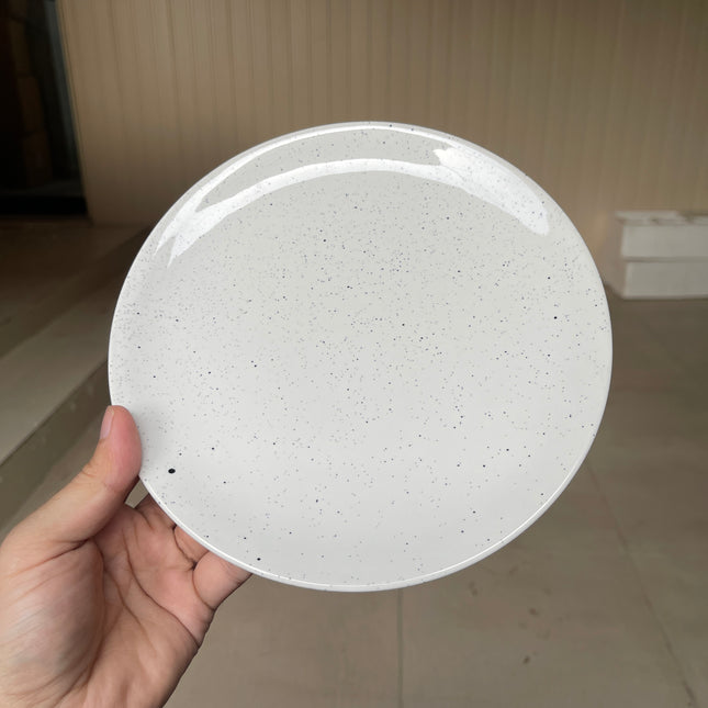 Leftover 8 inch Rimless Plate ( Glossy White with Black Specks )