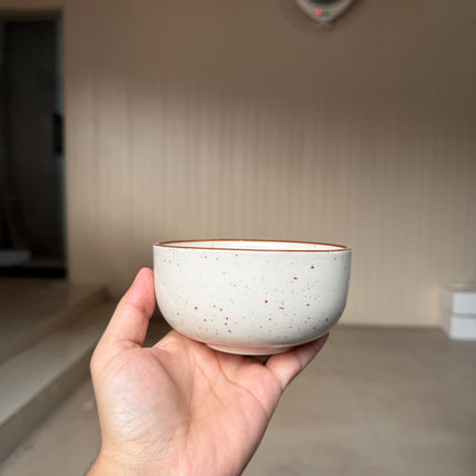 Leftover 4.5 inch Single Serving Bowl ( Glossy Off-White with Brown Rim and Brown Specks )