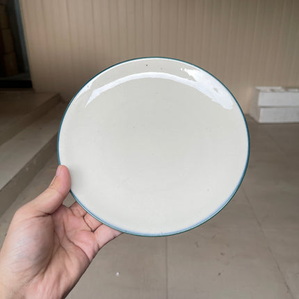 Leftover 8 inch Rimless Plate ( Glossy Off-White with Peacock Green Rim )