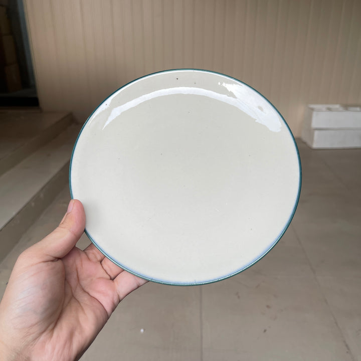 Leftover 8 inch Rimless Plate ( Glossy Off-White with Peacock Green Rim )