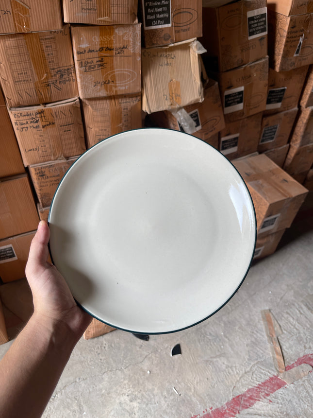 Leftover 10 inch Rimless Plate ( Glossy Off-White with Peacock Green Line )