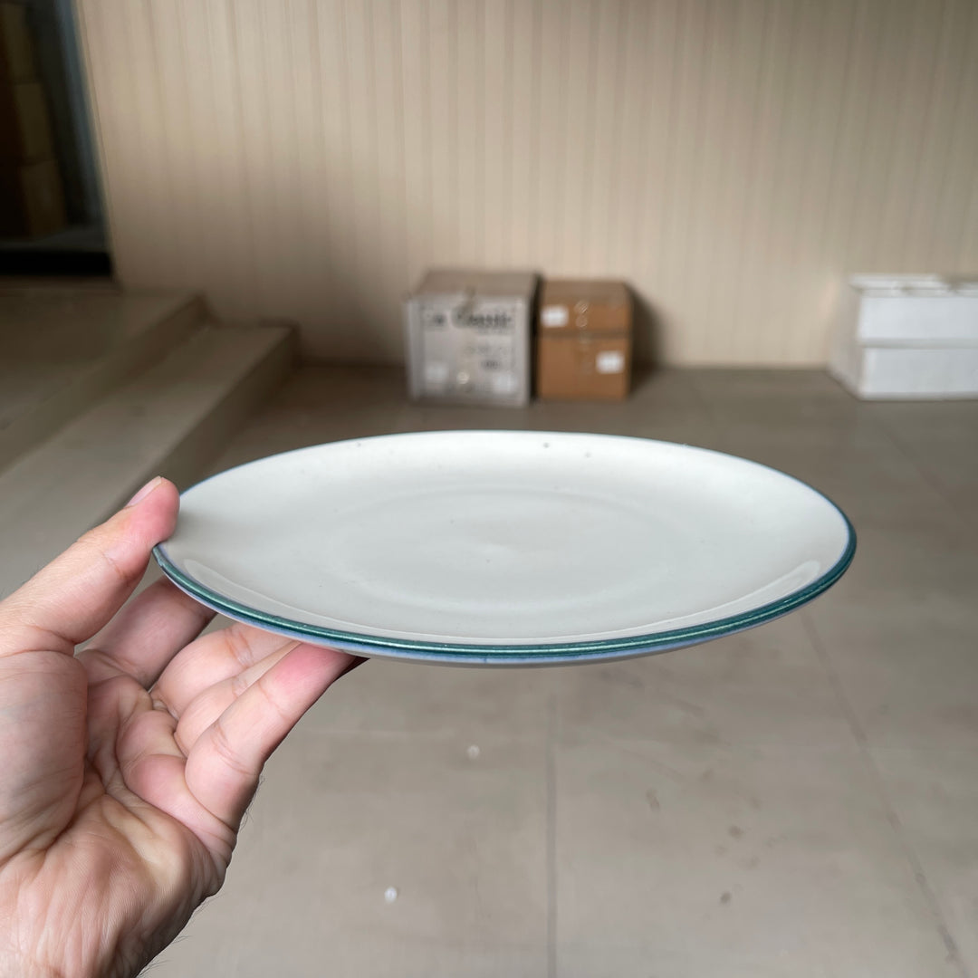 Leftover 8 inch Rimless Plate ( Glossy Off-White with Peacock Green Rim )