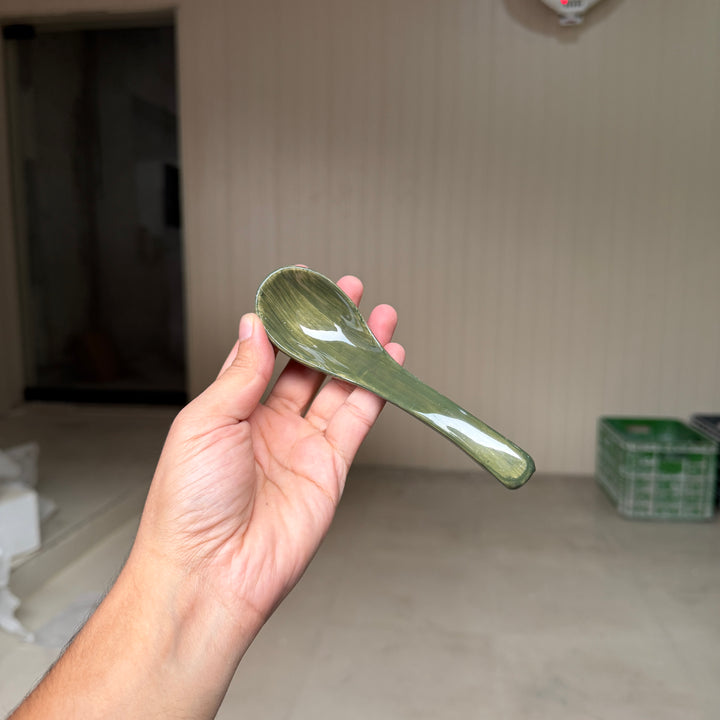 Leftover Ceramic Soup Spoon ( Dark Green Colorline ) ( Set of 6 )