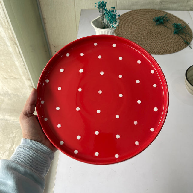 Leftover 10 inch Classic Plate ( Glossy Red with White Dots )