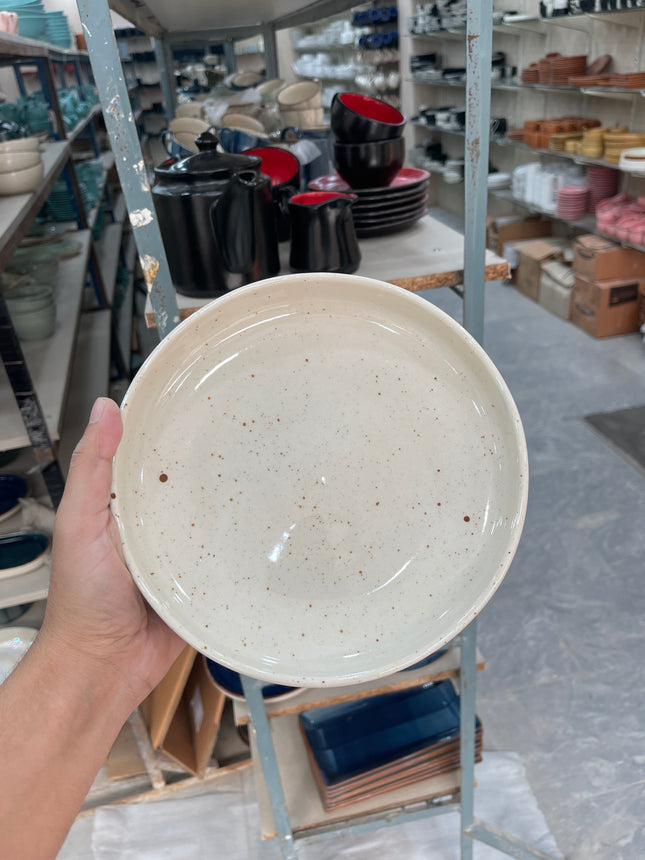 Leftover 8 inch Deep Classic Plate ( Glossy Off-White with Brown Specks )