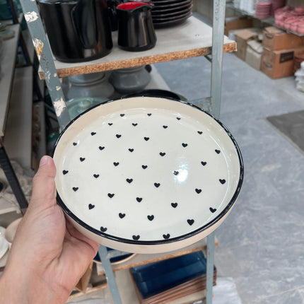 Leftover 8 inch Classic Plate ( Glossy Off-White with Black Hearts )
