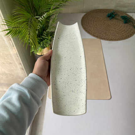Leftover Curved Serving Platter Small (14"x4.1" White Matte with Black Specks )