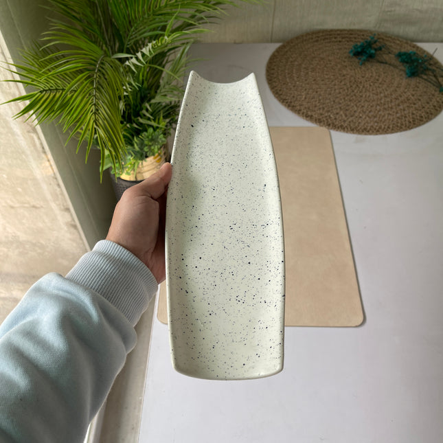 Leftover Curved Serving Platter Small (14"x4.1" White Matte with Black Specks )