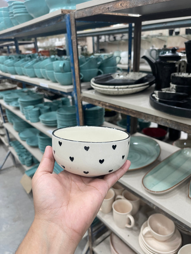 Leftover 5 inch Single Serving Bowl ( Glossy Off-White with Black Hearts )