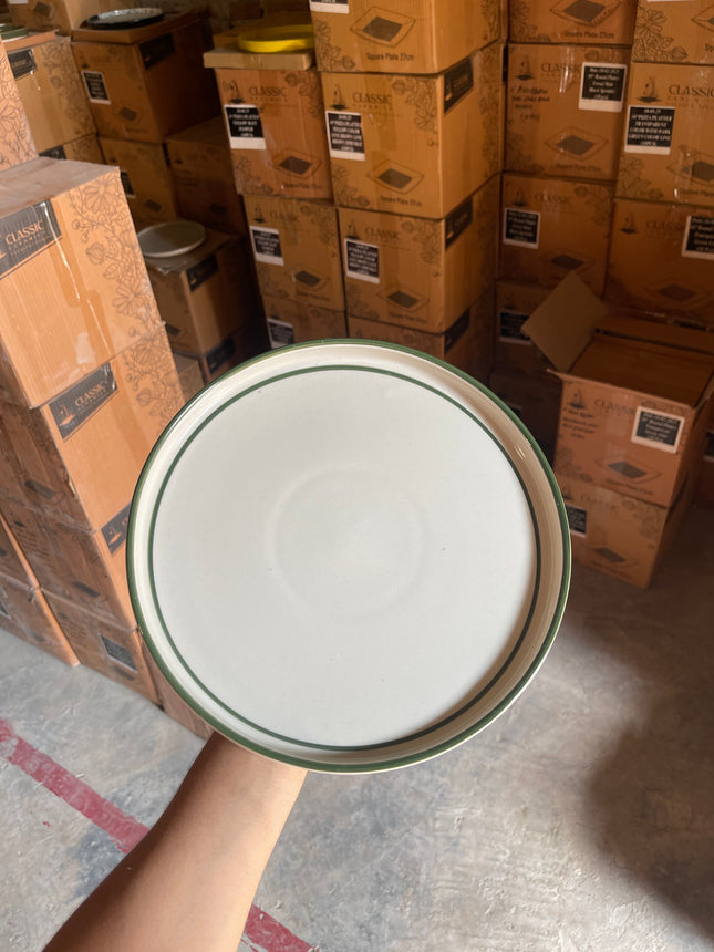 Leftover 10 inch Classic Plate ( Shiny Off White with Dark Green Inner edge and Rim )