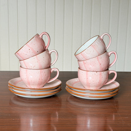 Leftover SS Cup Saucer Set ( Pink Colorline ) 6 cups 6 saucers ( 200 ml )