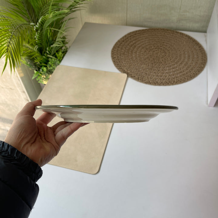 Leftover 10 inch Flat Plate ( Glossy Off-White with Dark Green Rim and Inner Line )
