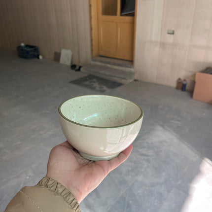 Leftover 5.5 inch Round Bowl ( Glossy Off-White with Dark Green line rim, dark green specks )
