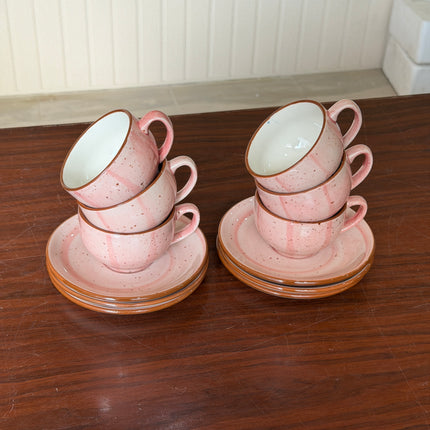Leftover SS Cup Saucer Set ( Pink Colorline ) 6 cups 6 saucers ( 200 ml )