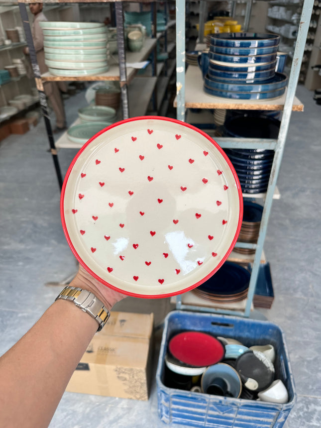 Leftover 8 inch Classic Plate ( Glossy Off-White with Red Hearts )