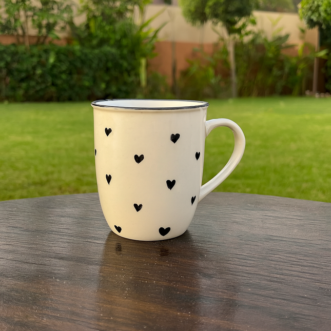 005 Mug ( Glossy Off-White with Black Hearts ) ( 350 ml )