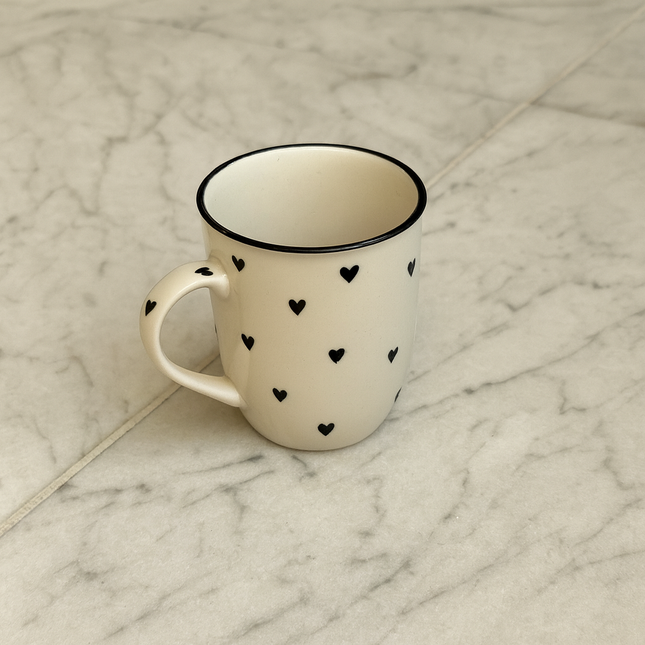 005 Mug ( Glossy Off-White with Black Hearts ) ( 350 ml )