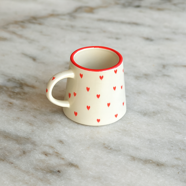 Pyramid Mug ( Glossy Off-White with Red Hearts ) ( 330 ml )