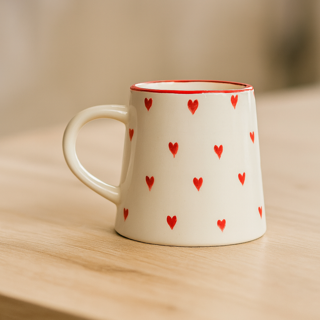Pyramid Mug ( Glossy Off-White with Red Hearts ) ( 330 ml )
