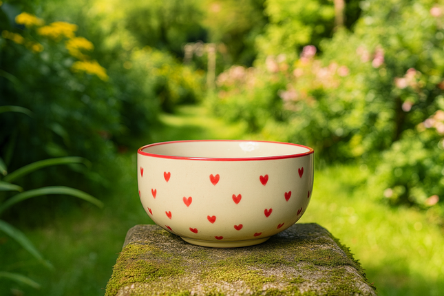 5 inch Single Serving Bowl ( Glossy Off-White with Red Hearts )