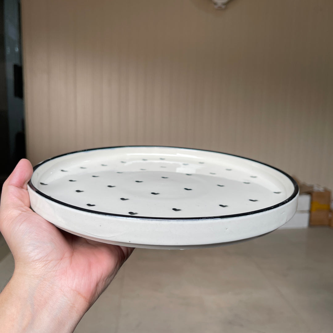 Leftover 10 inch Classic Plate ( Glossy Off-White with Black Hearts )