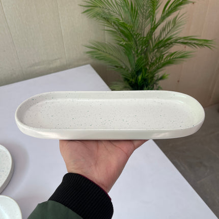 Leftover NV Oval Small Platter 12"x4.8" ( White Matte with Teal Specks )