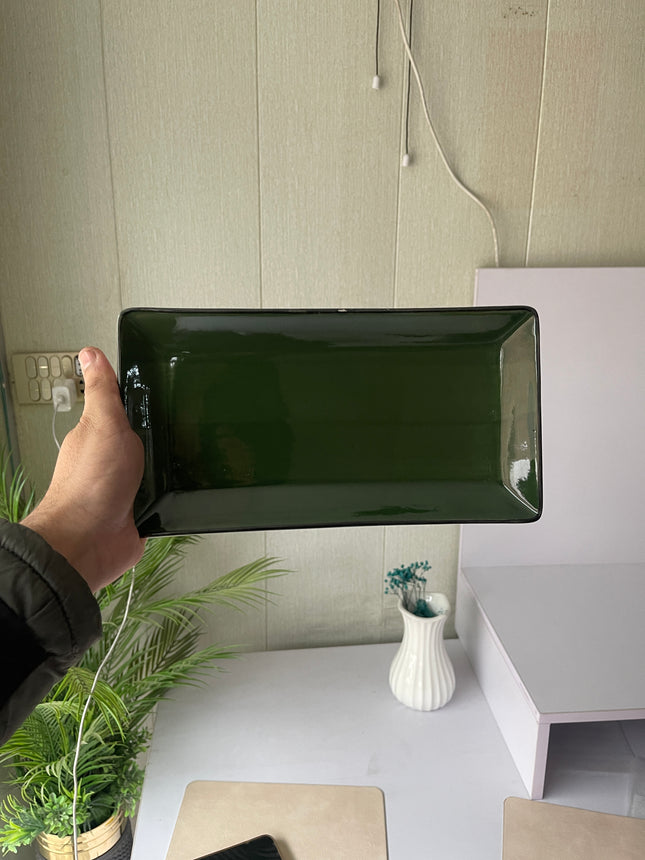 Leftover 11.5"x6" Rectangular Platter ( Dark Green Colorline with Black Rim )