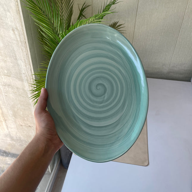 Leftover 13 inch Rimless Rice Dish ( Teal Colorline with Teal Rim and NO Specks )