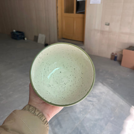Leftover 5.5 inch Round Bowl ( Glossy Off-White with Dark Green line rim, dark green specks )