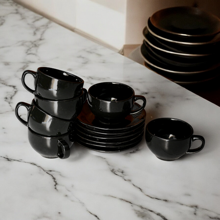 Cup Saucer Set ( SS Glossy Black ) 6 cups 6 saucers