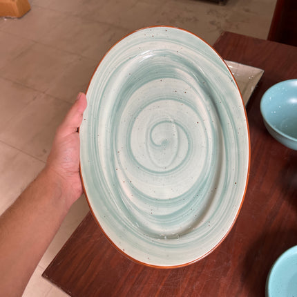 Leftover 13 inch Rice Dish with Rim ( Teal Colorline )
