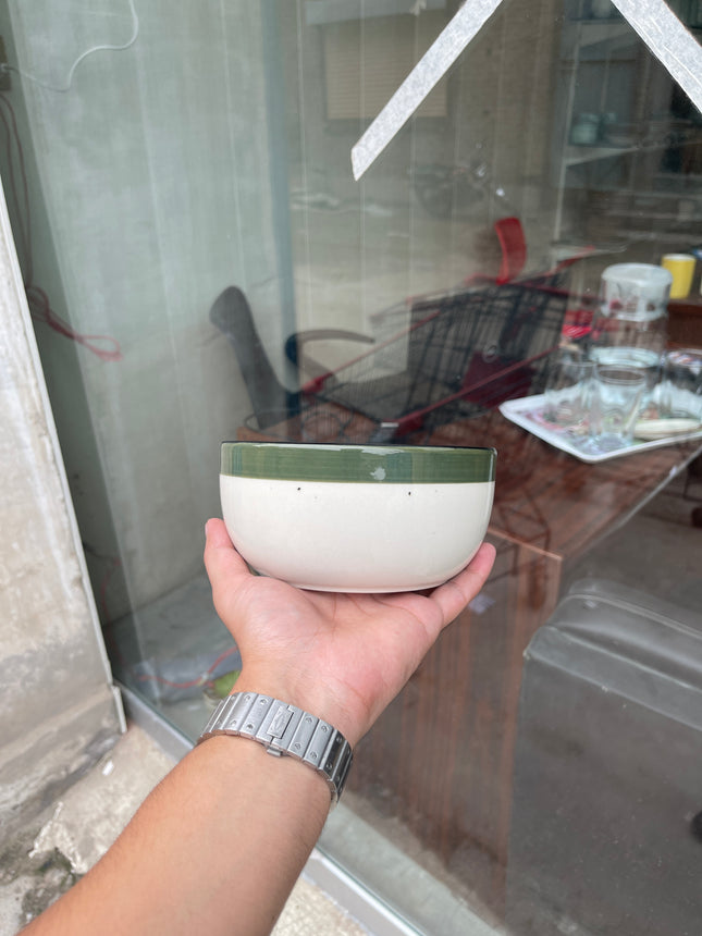 Leftover 6 inch Noodle Bowl ( Glossy Off-White with Dark Green Stripe )