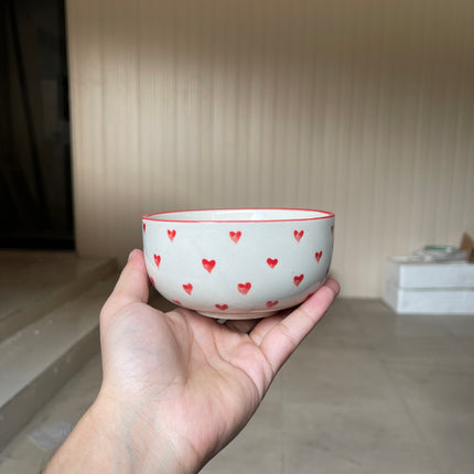 Leftover 4.5 inch Single Serving Bowl ( Glossy Off-White with Red Hearts )