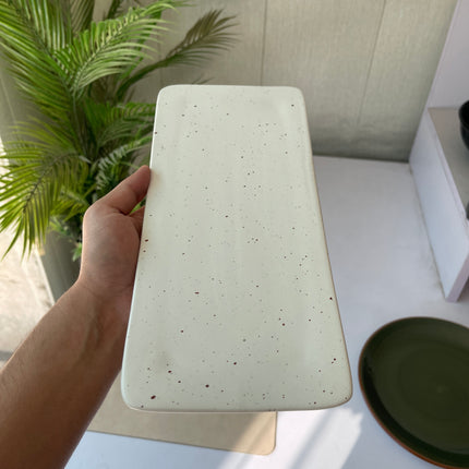 Leftover 12"x5" Flat Serving Platter ( White Matte with Brown Specks )