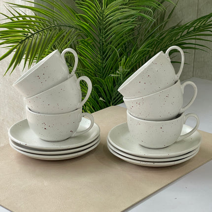 WM Cup Saucer Set ( White Matte with Brown Specks ) 6 cups 6 saucers ( 220ml )