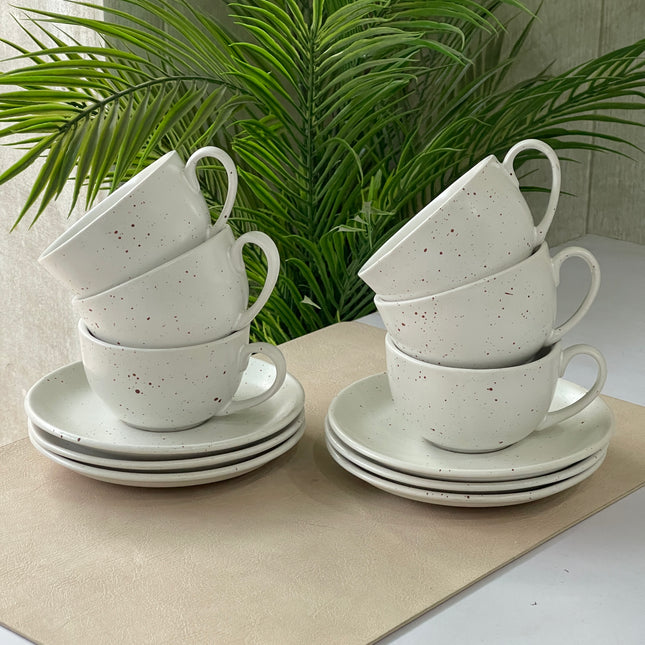 WM Cup Saucer Set ( White Matte with Brown Specks ) 6 cups 6 saucers ( 220ml )