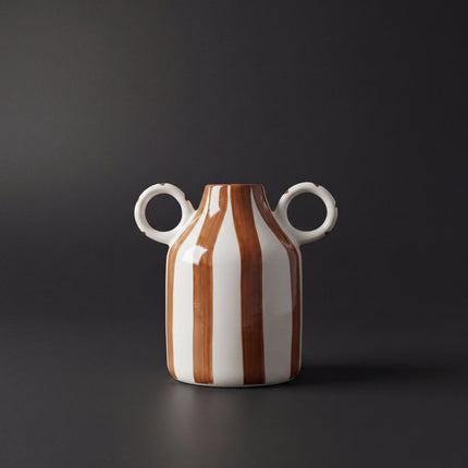 Monochrome Loop Vase 16cm ( Glossy Off-White with Brown Stripes )
