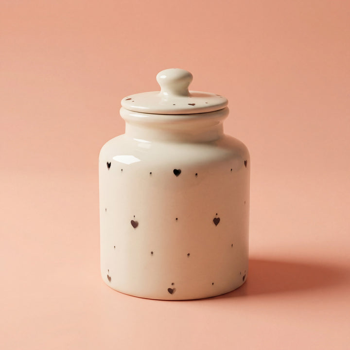 Large Ceramic Candy Jar ( Glossy Off-White with Black Hearts ) ( 1500 ml ) ( NOT Airtight )