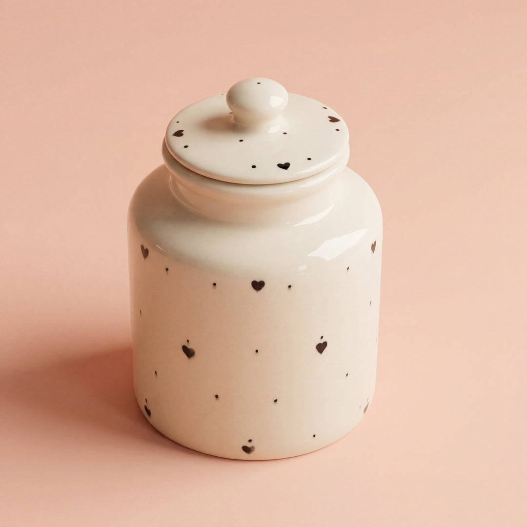 Large Ceramic Candy Jar ( Glossy Off-White with Black Hearts ) ( 1500 ml ) ( NOT Airtight )