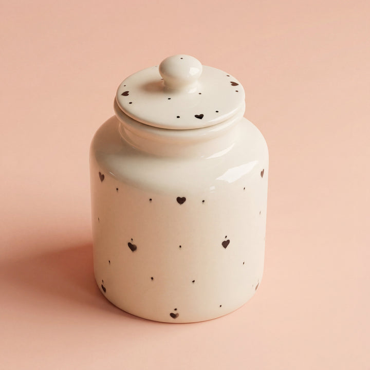 Large Ceramic Candy Jar ( Glossy Off-White with Black Hearts ) ( 1500 ml ) ( NOT Airtight )