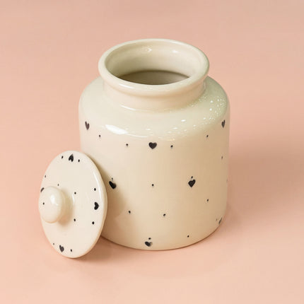 Large Ceramic Candy Jar ( Glossy Off-White with Black Hearts ) ( 1500 ml ) ( NOT Airtight )