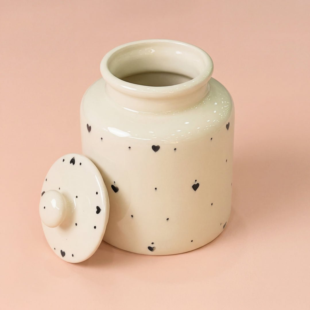Large Ceramic Candy Jar ( Glossy Off-White with Black Hearts ) ( 1500 ml ) ( NOT Airtight )