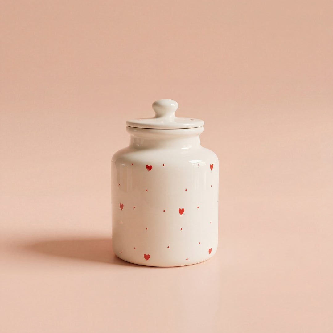 Large Ceramic Candy Jar ( Glossy Off-White with Red Hearts ) ( 1500 ml ) ( NOT Airtight )